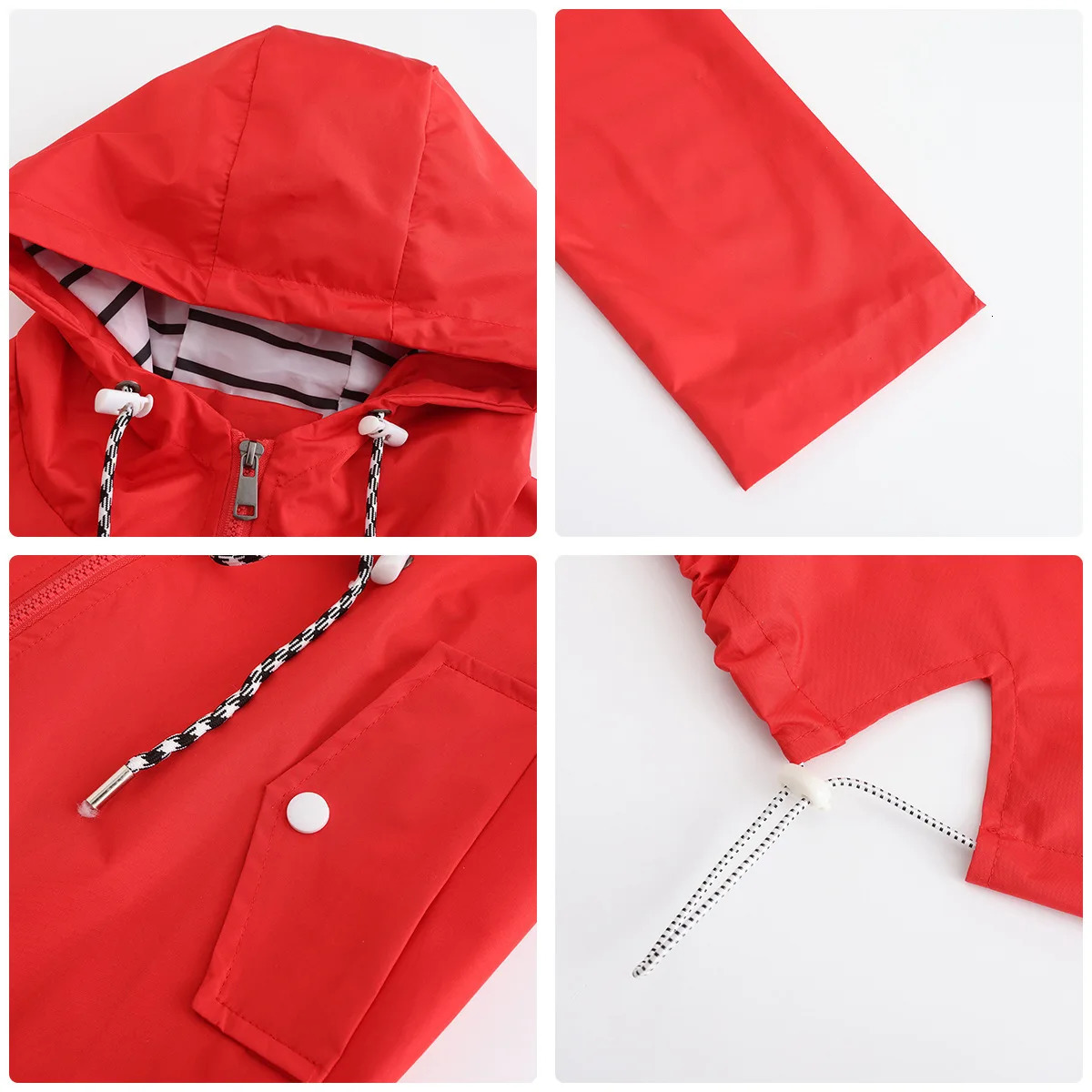 Red Waterproof Hooded Jacket Women Fashion Casual Coat Waist Drawstring Tie Zipper Switch Blue Green Yellow Black Windbreaker 250809