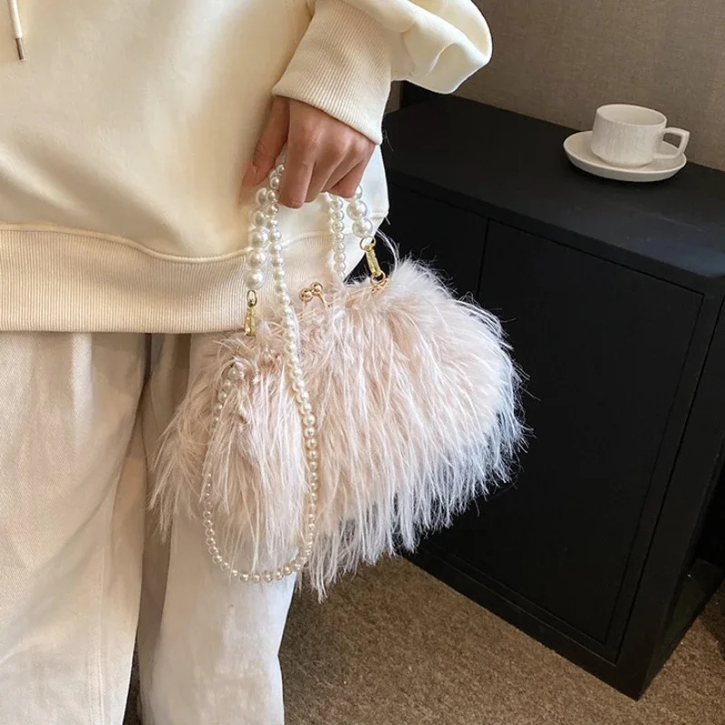 Small Soft Plush Beaded Shoulder Side Bag for Women Winter Fashion Trend n Handbags Clutch Bags 250811