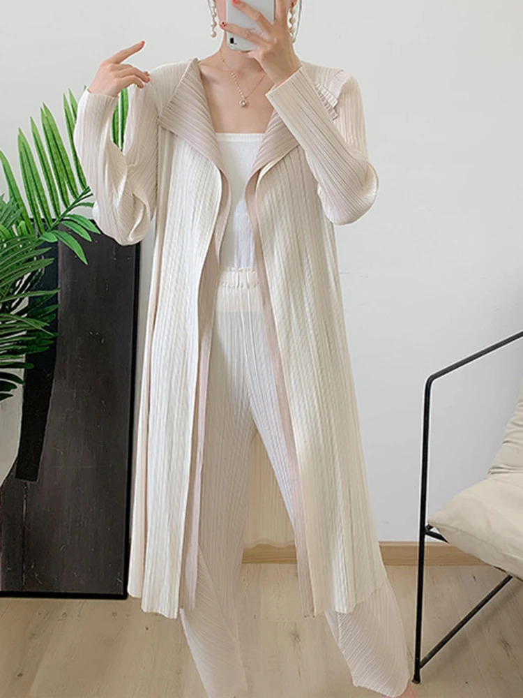 Miyake Double Layer Color Block Pleated Trench Coat Women Long Sleeve Lapel Medium Cardigan Elegant Windbreaker Lady 250809