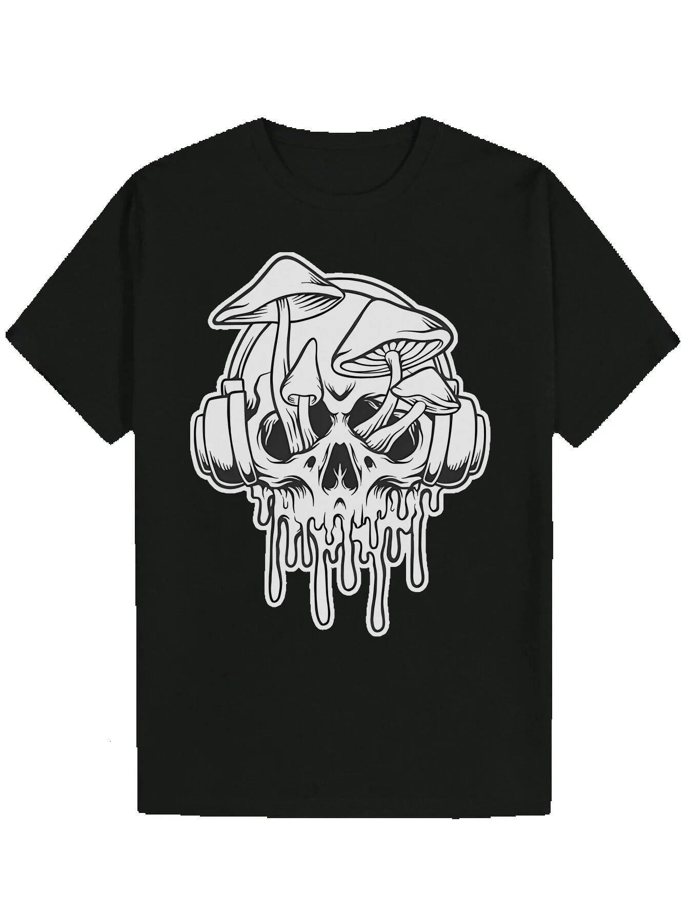 Men's Summer Crew Neck with Headphone Pattern, Black Polyester T-Shirt, Regular Fit, Lightweight and Breathable, Suitable for Casual Wear, Breath