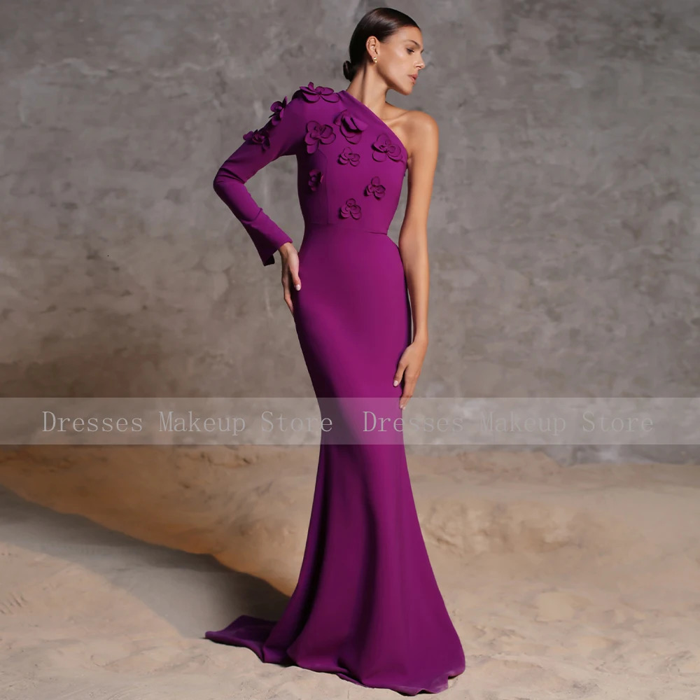 Purple Evening Dresses for Women One Shoulder Long Sleeve Formal Gown MermaidTrumpet 3D Flowers Elegant Wedding Party 250811
