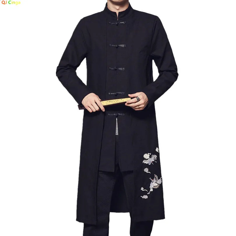 China Style Black Men Long Jacket Single Breasted Standing Collar Embroidered Trench Coat Asian Size M5XL 250729