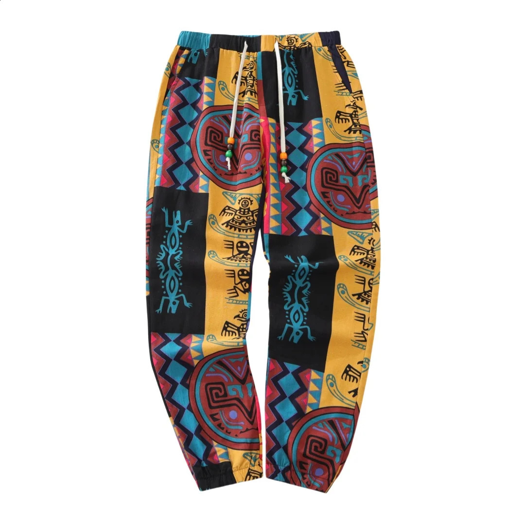 Mens Boho Tribal Print Stretch Linen Pnats Cotton Blend Drawstring LightWeight Trousers with Pockets Summer Jogger Pants 250729