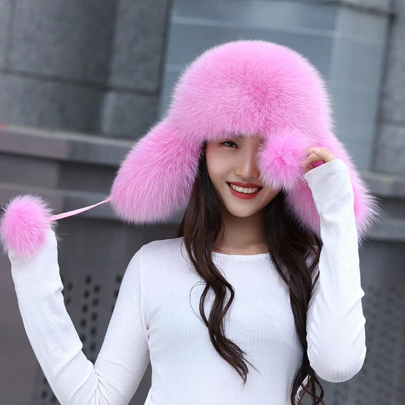 Russian Winter Hat 100% Fox Fur Hats Womens Ushanka Trapper Snow Skiing Hat Caps Earflap Raccoon Fur Bomber Hat 250724