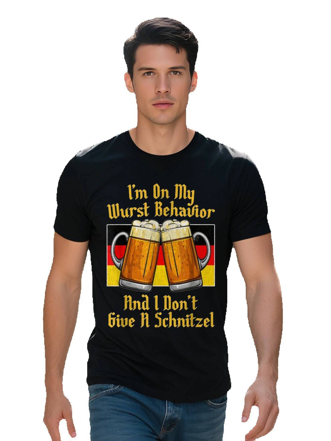 Men s m On My Worst Behavior I Don't Give A Schnitzel Graphic T-Shirt Black Short Sleeve Tee with German Beer Mugs 61f46 4af22