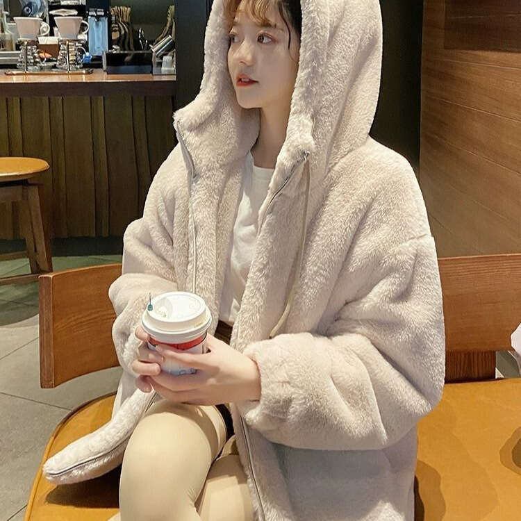 Winter women's artificial lazy rabbit coat, loose and thick wool hooded leather jacket