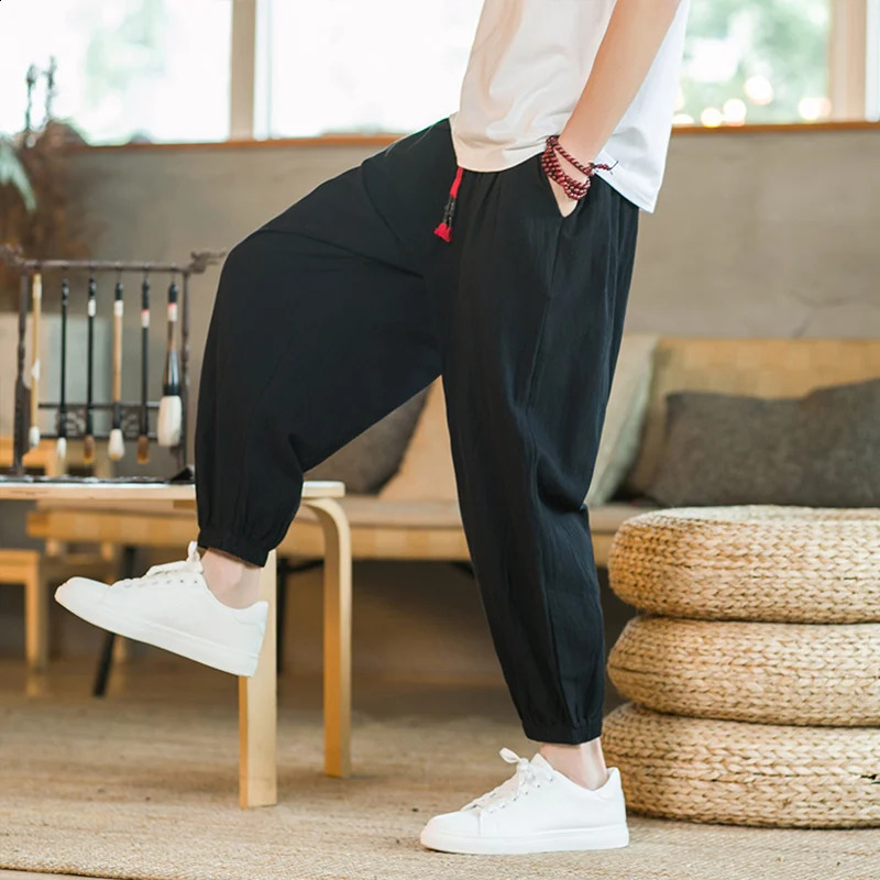 2024 M5XL Spring and Autumn Mens Cotton Hemp Pants Loose Drawstring Lantern Haren Japanese Casual 250729