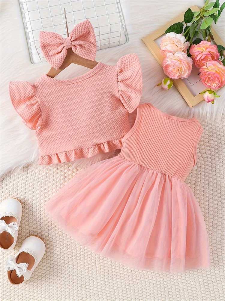 2024 Newborn Baby Girls Dress Summer Waist Flower Vest Sleeveless Short Top Sweet Girl Lace Mesh Dress W250811