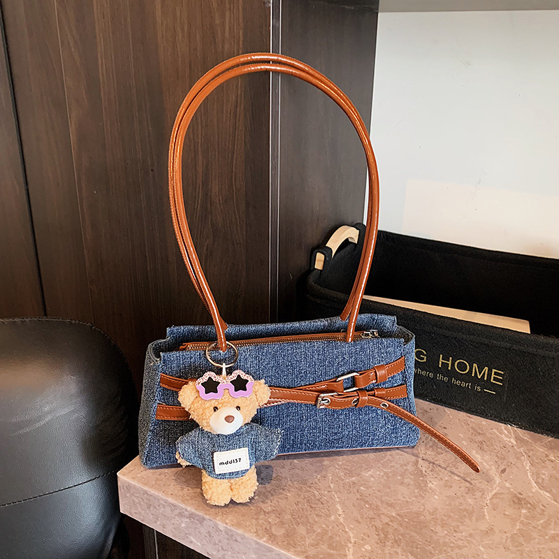 PU Denim Underarm High-End Color-Block Baguette 2025 New Korean Style Casual Niche Shoulder Bag ddmymoon