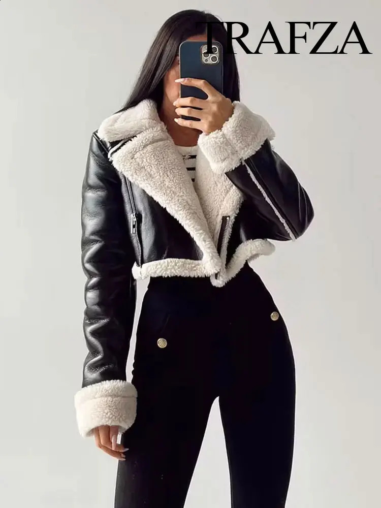 TRAFZA Womens Winter Warm Thick Lapel Lamb Wool Jacket Fashion Solid Color Zipper Jacket Womens Retro Lapel Long Sleeve Jacket 250804