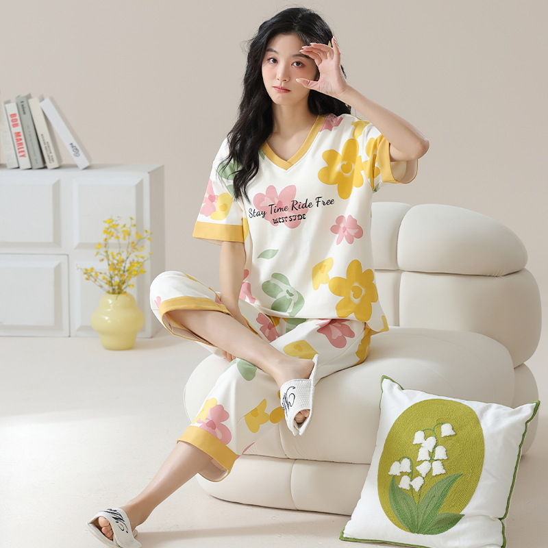 B1014-Pure cotton pajamas women's spring and summer short-sleeved cropped pants thin home clothes sweet and cute ladies cotton suit