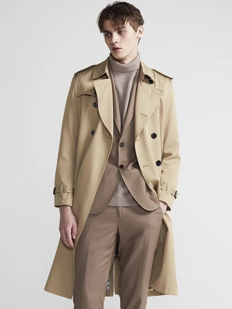 Mauroicardi Spring Autumn Long Chic Khaki Trench Coat Men Belt Double Breasted Elegant British Style Black Overcoat 2025 250729