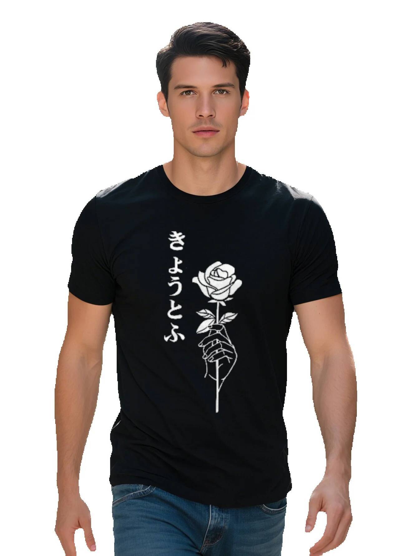 Men s Classic Black Polyester T Shirt with Elegant White Rose Graphic Casual Crew Neck Short Sleeve, washable f9c23 94184
