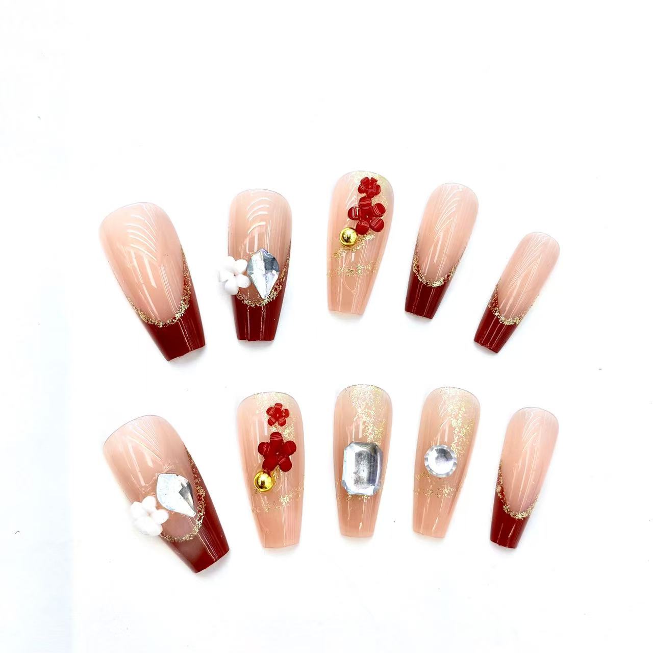 Handmade Fake Nails 24pcs Long Coffin Nude Burgundy Glitter French Tip Nail Art with Flowers Rhinestones Full Cover press on nails