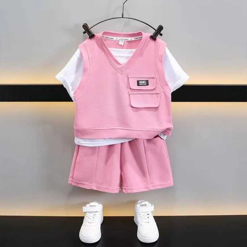 Childrens Summer Short Sleeve Set 2023 New Boys and Girls Pink Spliced T-shirt+Shorts 2-Piece Preschool Casual Sportswear Set Z250811