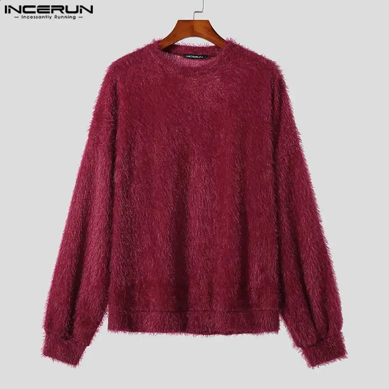 INCERUN Tops Korean Style Handsome Mens Loose Faux Plush Fabric Pullover Casual Streetwear Solid Long Sleeved Sweater S-5XL 250805