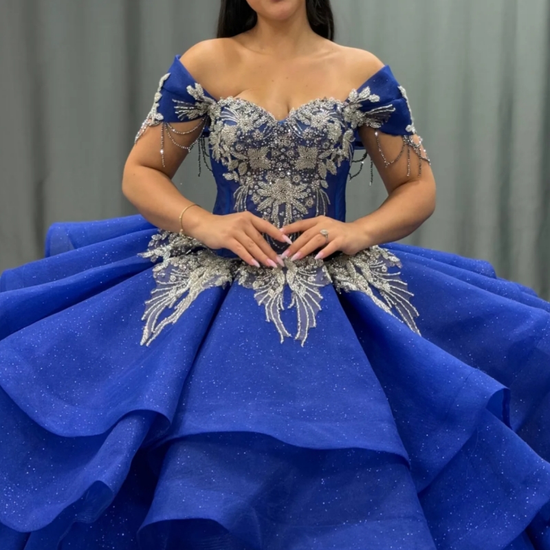 Royal Blue Shiny Quinceanera Dresses Off The Shoulder Sequin Applique Lace Beading Tull Party Birthday Ball Gown Vestidos De 15 Anos