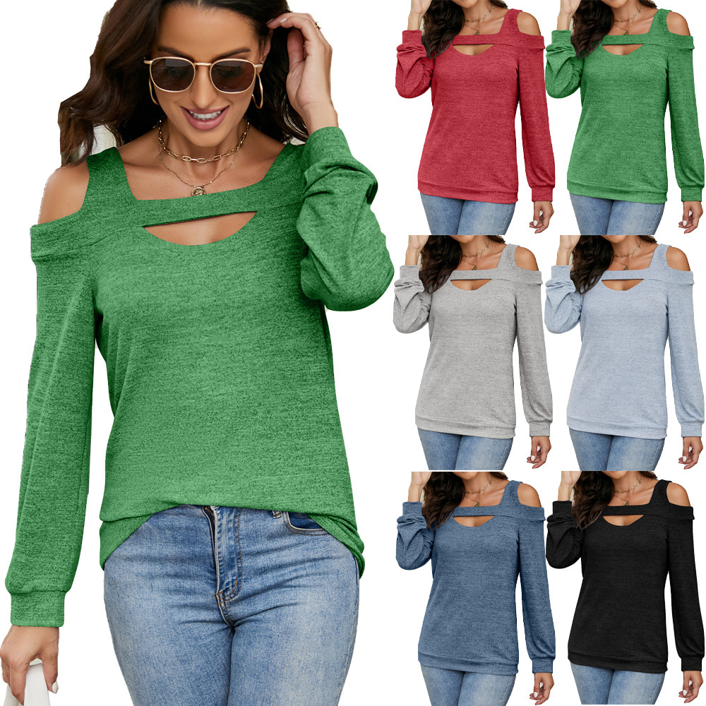 2025 Off-Shoulder Hollow Out Round Neck Solid Color Long Sleeve Loose Top Women's T-Shirt