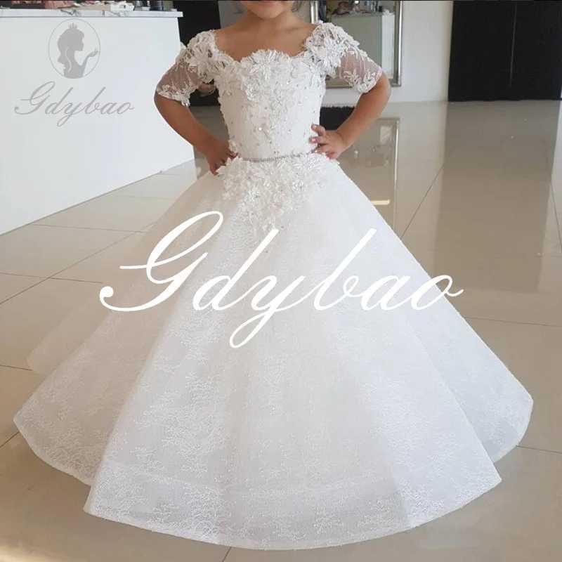 Elegant Flower Girl Dresses Lace Applique Half Sleeve Tulle O-Neck Girls First Communion Dress for Ceremony Birthday Party Dress W250811