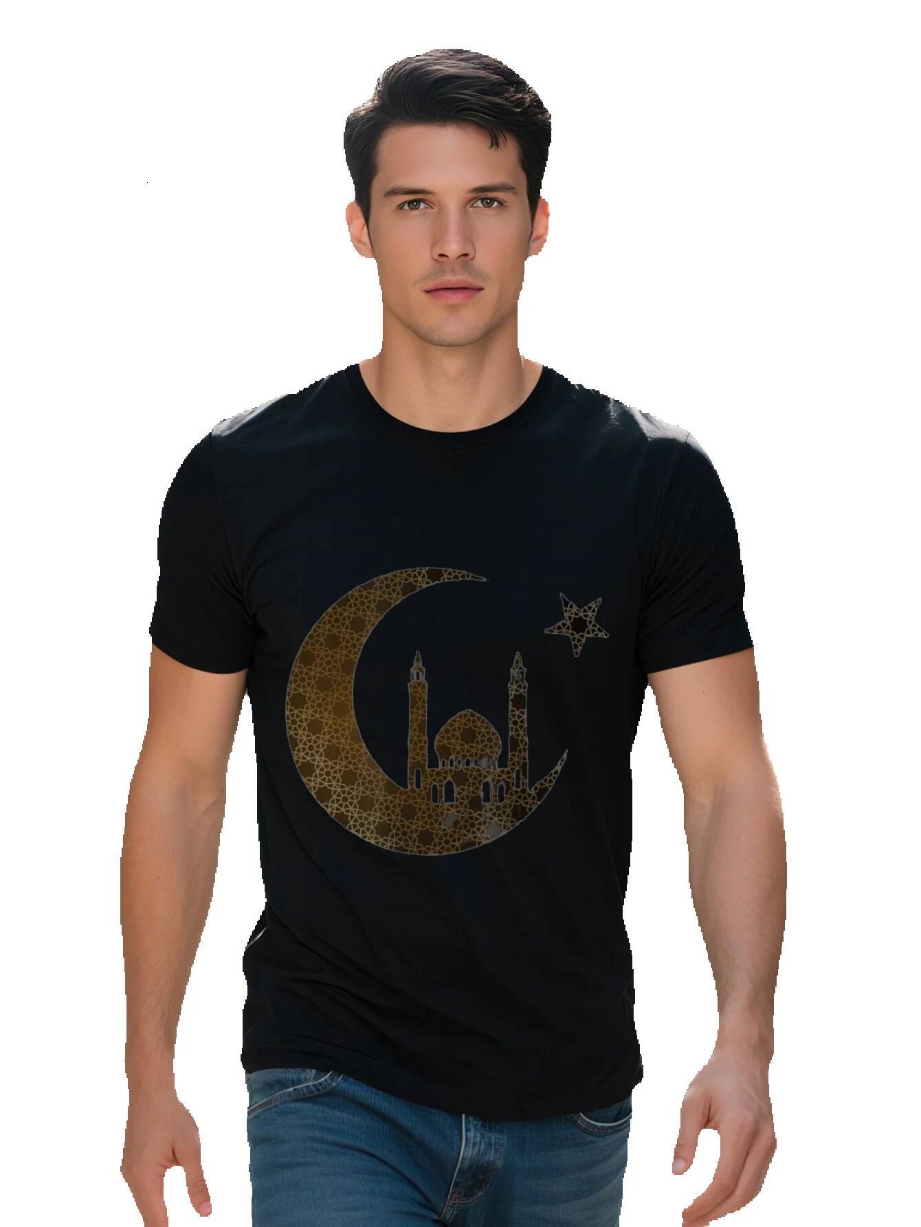 Men s Ramadan Kareem Graphic T Shirt Cotton Black with Golden Mosque Star Design Short Sleeve Tee All Seasons 53aa2