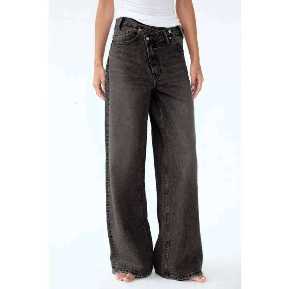 HOUZHOU Vintage Basic Irregular Women's Jeans Washed Wide Leg Straight Denim Pants Baggy High Waist Asymmetrical Trousers Casual