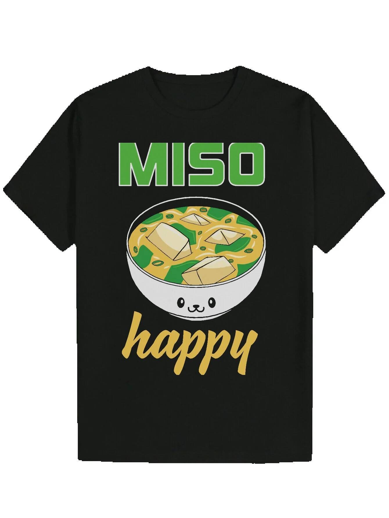 Men's Round Neck Polyester T-Shirt with 'Miso Happy' Pattern Design, Regular Fit, Summer Wear, Letter Pattern, Lightweight Fabric, Perf