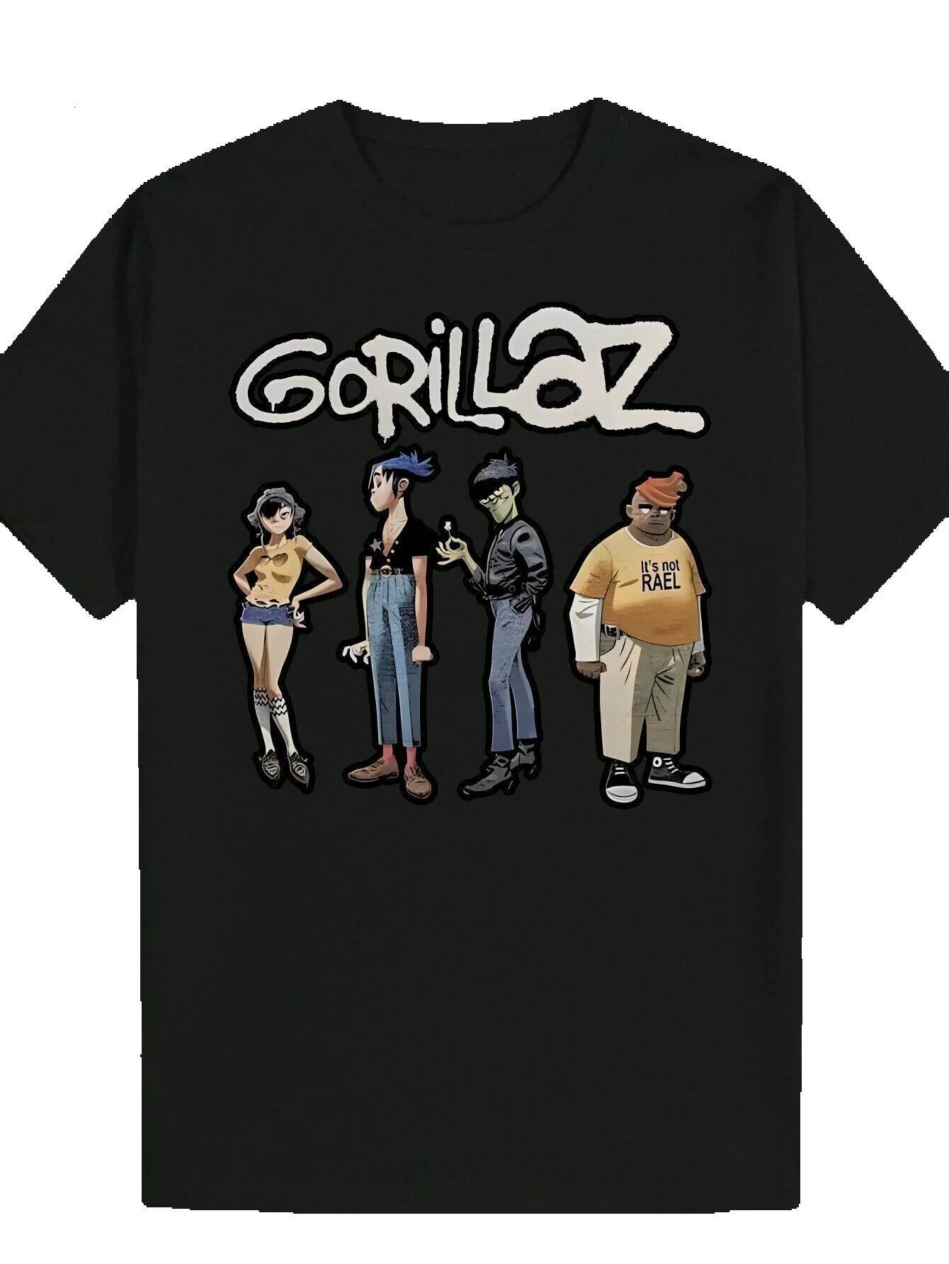 Men's Gorillaz Style Pattern - Black Summer Casual Round Neck Polyester T-Shirt with "Gorillaz" Pattern, Comfortable, Machine Washable,