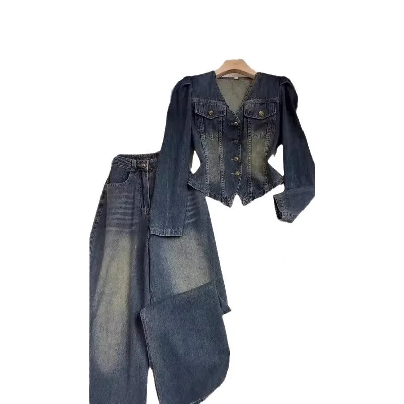 Autumn Collection Matching Streetwear Blue Denim TwoPiece Suit Pants Womens Clothing Initial Arrival 250811