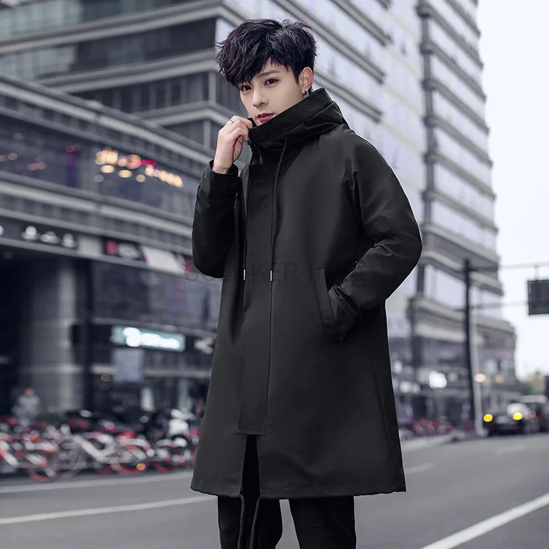 Spring Man Trench Coat Long Fashion Hooded Windbreaker Jacket for Men Black Green Overcoat Casual Outdoor Hiking Rain Coat 250805