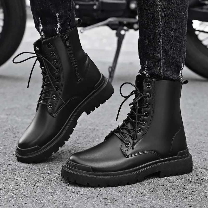 Black Mens Casual Leather Boots Fashion Winter Men Work Boot Mens Shoes Non-slip Designer High Top Ankle Boots Motorcycle Shoes W250811