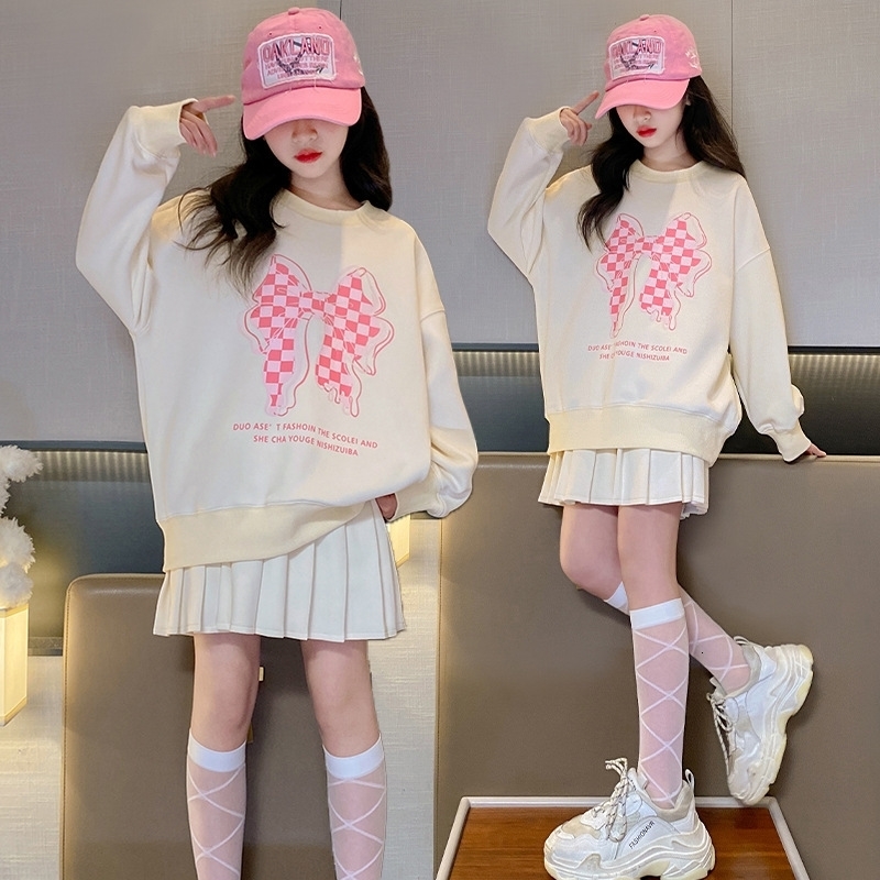 2025 girls autumn white sailor plaid bow sweatshirt hooded top t-shirt skirt teenager children clothes set 4 8 9 10 11 12 year 250811