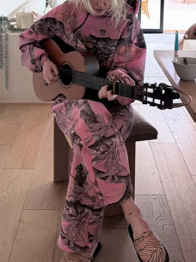 Y2K Street Clothes Sports Set Men Women Hip Hop Retro Leaf Camouflage Loose Hoodie Two Piece Set Fashion Punk Rock Sports Pants 250811