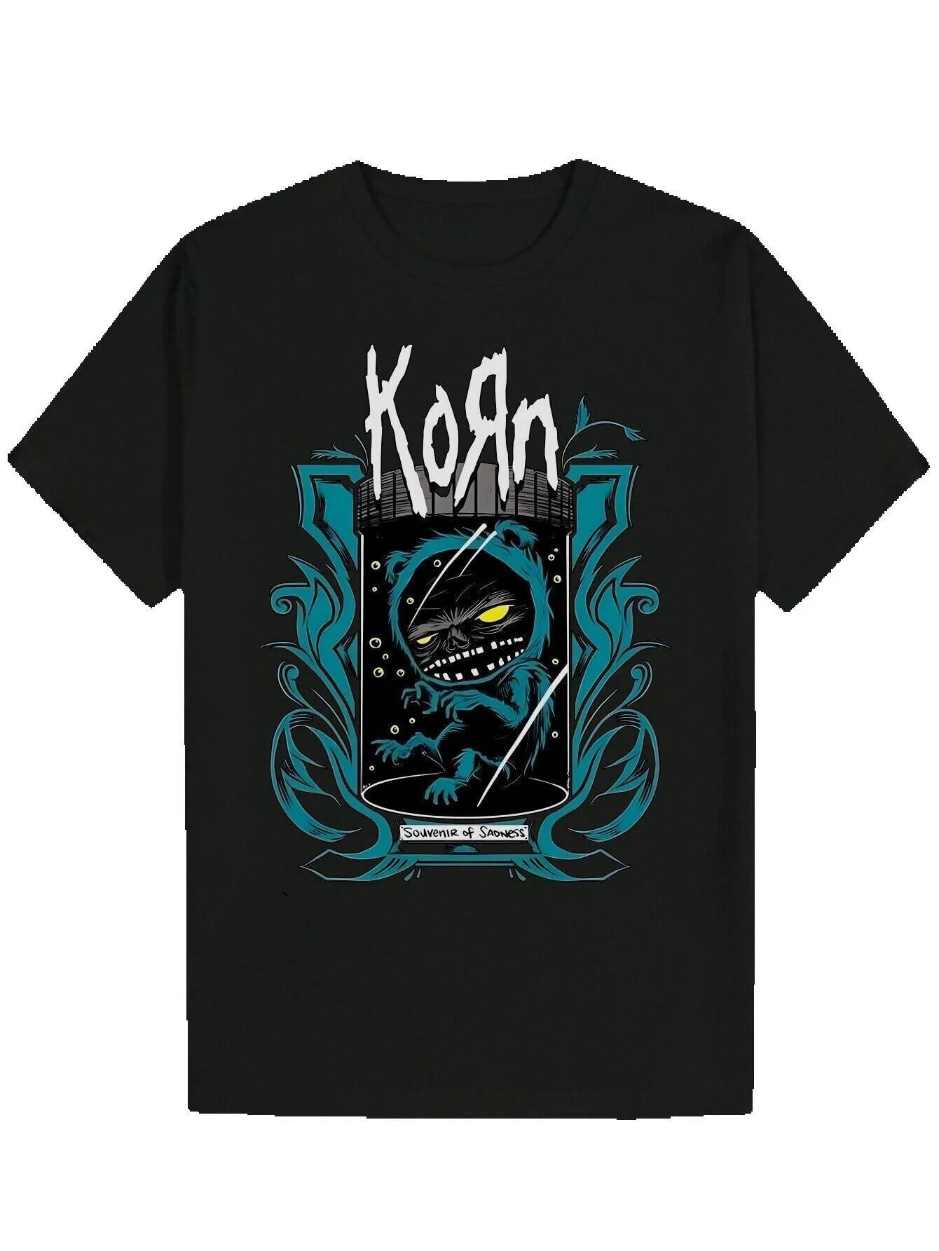 Men's Summer Pattern T-Shirt - Black Korn Band Logo and Skull Design, 100% Polyester, Machine Washable, Regular Crew Neck T-Shirt, Suitable for C
