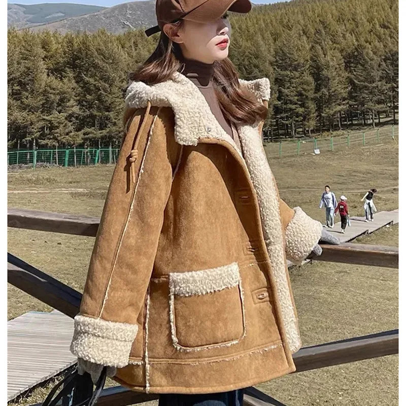 Winter Female Suede Velvet Lamb Wool Tops Ladies Medium Long Styles Hooded Jacket Women Sleeves Lntegrated Fur Leather Coat 250811