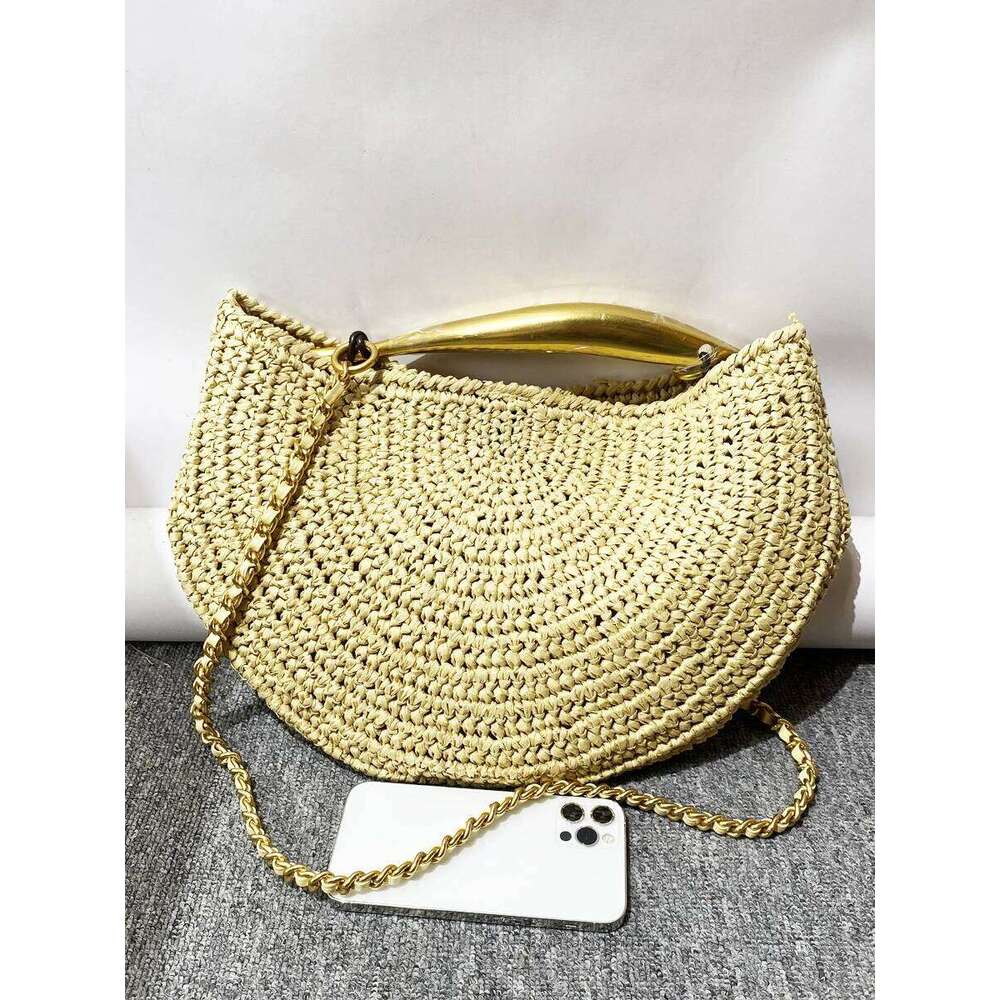 Classic Beach Straw Woven Bags For Women Designer Handbag Purse 2025 New In Sequined Handle Chain Strap Underarm Shoulder