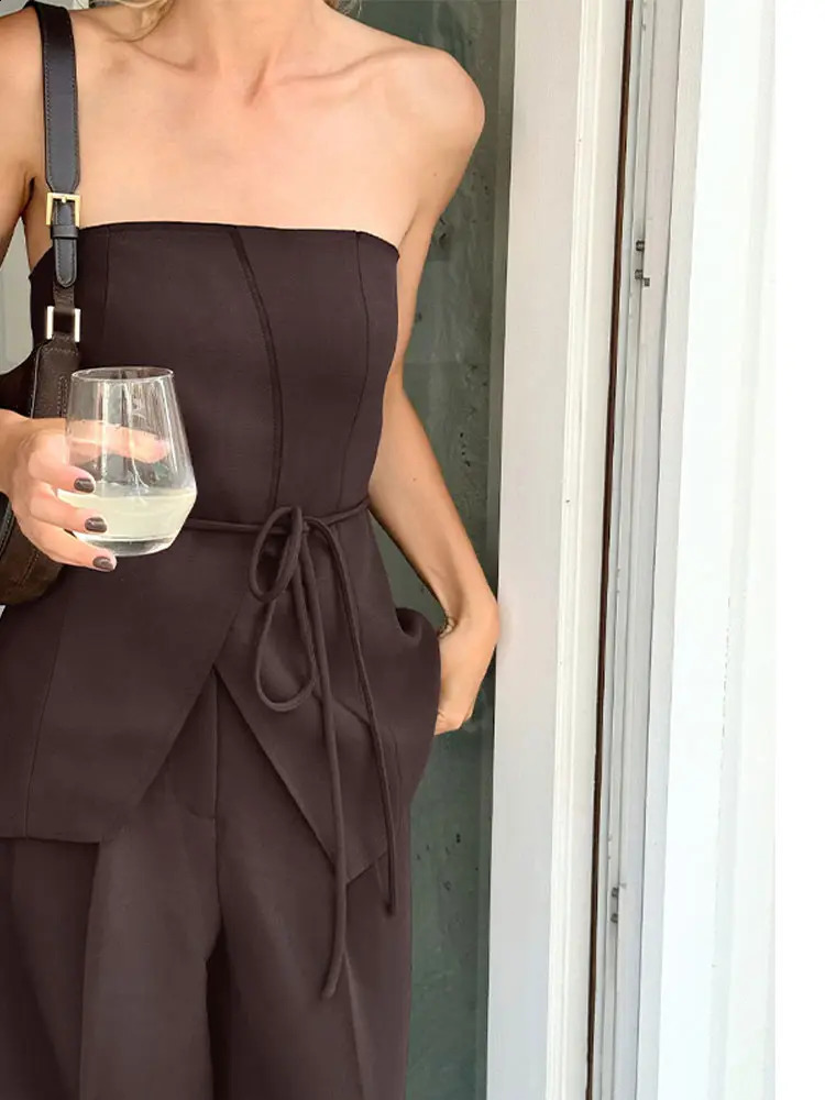 Strapless Vest Trouser Sets Women Sexy Backless Sleeveless Tops Wide Leg Pants Suit Female Summer Front Split Lady Outfits 250806