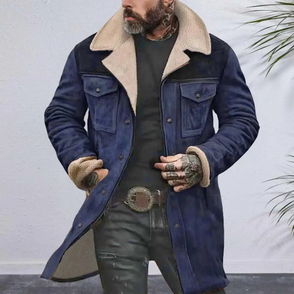 Fashion Men Jacket Large Plush Lapel Long Sleeve Vintage Suede with Pockets Zipper Up Midlength Motorcycle Coat 250811