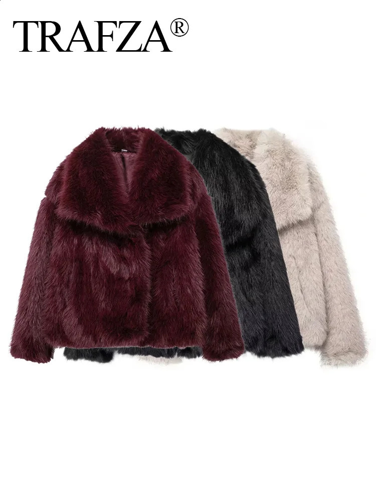 TRAFZA Winter Women Casual Faux Fur Lapel Jackets Fashion Solid Oversized Thick Coats Female Fuzzy Warm Long Sleeves Outerwear 250806