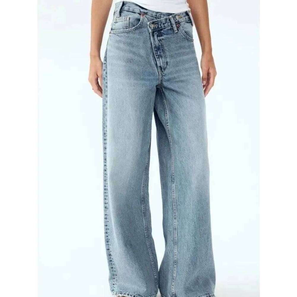 HOUZHOU Vintage Basic Irregular Women's Jeans Washed Wide Leg Straight Denim Pants Baggy High Waist Asymmetrical Trousers Casual