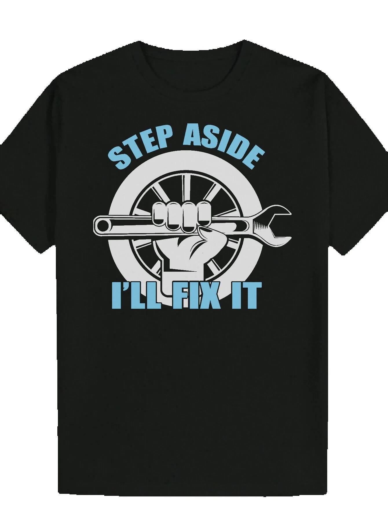 Men's Black Graphic T-Shirt - Mechanical Design, 100% Polyester Casual Crew Neck Summer T-Shirt, Machine Washable Regular Fit, Bold Illustration 