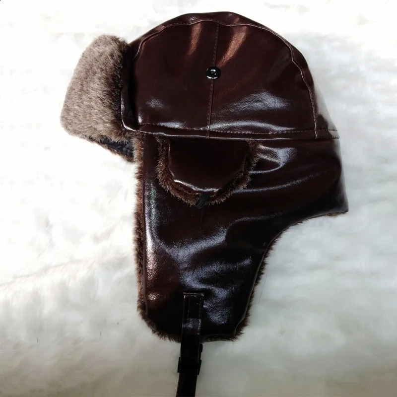 Bomber Hat with Ear Flaps Mens Winter Faux Leather Fur Russian Earflap Trapper Cap Fleece Beanie for Men 250724