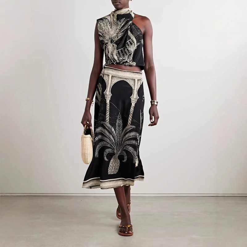 Womens O Neck Sleeveless Top Long Skirt Summer Suit Bohemian Pocket Satin Casual Outfit Leaf Print Loose Beach Two Piece Set 250811