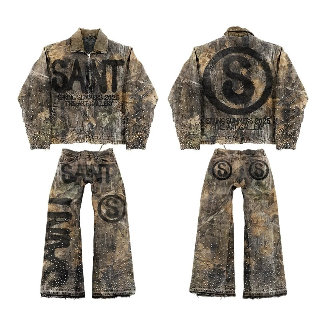 Vintage Leaves Camouflage Jeans Jacket Two Piece Set Y2K Suit Men Letters Rhinestone Sequins Oversized Coat Baggy Jeans Clothing 250811
