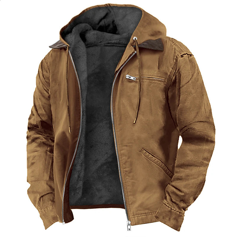 Solid Color Hooded Cotton Jacket Casual Mens Fleece Lined Zipper Pocket Jacket Coat 250808