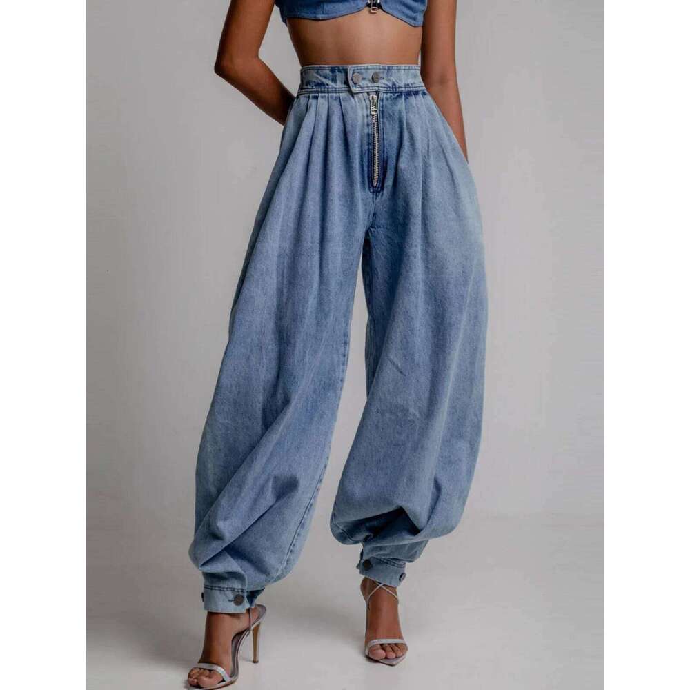Women Spring High Waist Zipper Loose Harem Trousers Jeans Female Vintage Balloon Ladies Casual Denim Pants