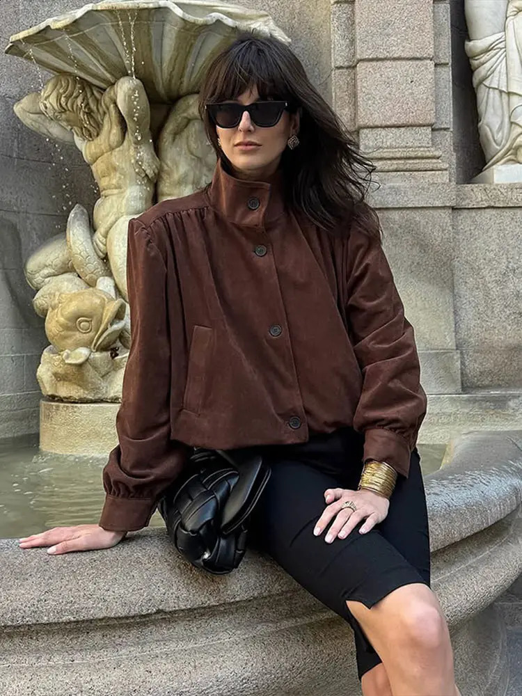 Fall Womens Suede Coat Fashion Long Sleeve Stand Collar Button Pleated Lady Jackets Autumn Casual Female Street Outwear 250804