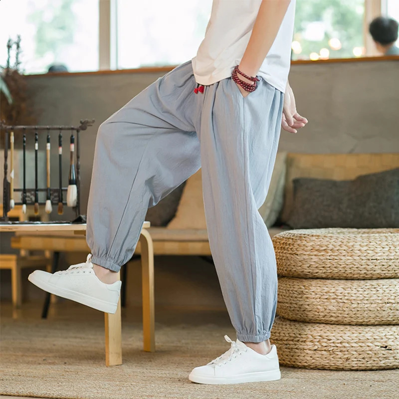 2024 M5XL Spring and Autumn Mens Cotton Hemp Pants Loose Drawstring Lantern Haren Japanese Casual 250729