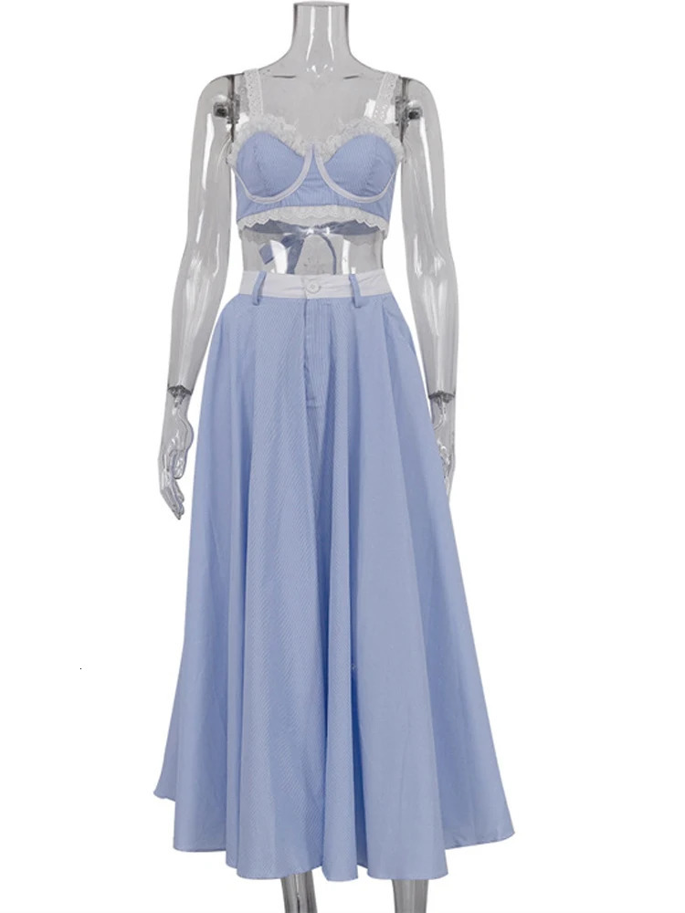 Beyprern Elegant Lace Contrast Stripes Camisole Skirt Set TwoPiece Dress Holiday Outfits Women TieBack Stirped Vacation 250811