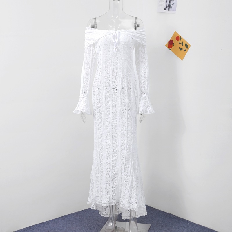 2025 Spring/Summer New Lace Lace Bell fashion Sleeve Dress, Single Shoulder Waist, Women's Long Dress, New Designer