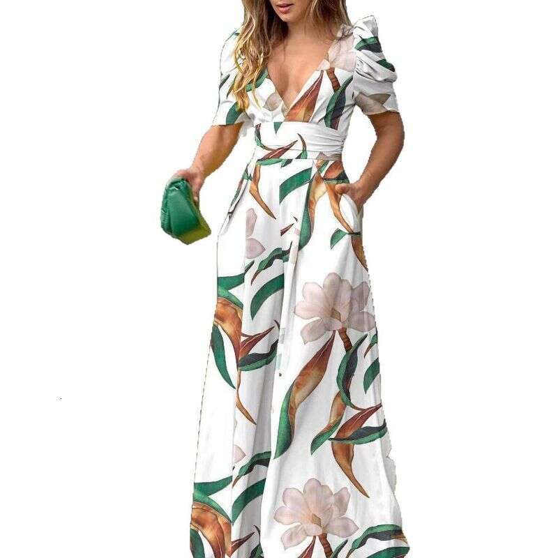 Women's Clothing Spring Fashion Temperament V Neck Waist Short Sleeved Wide Leg Jumpsuit